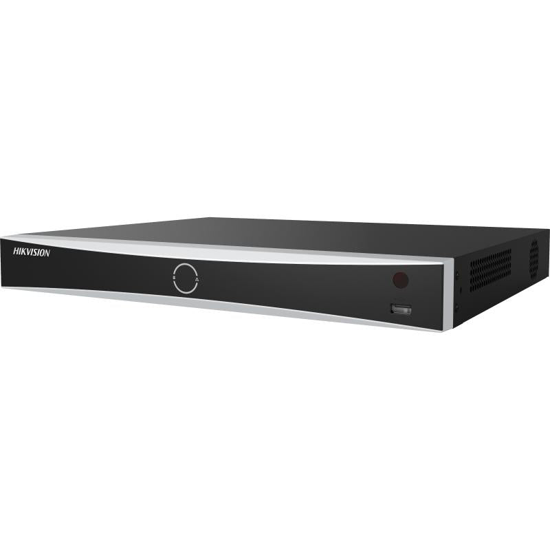 Hikvision DS-7608NXI-I2/8P/VPro series NVR with AcuSeek, featuring multiple network ports and a sleek black design.