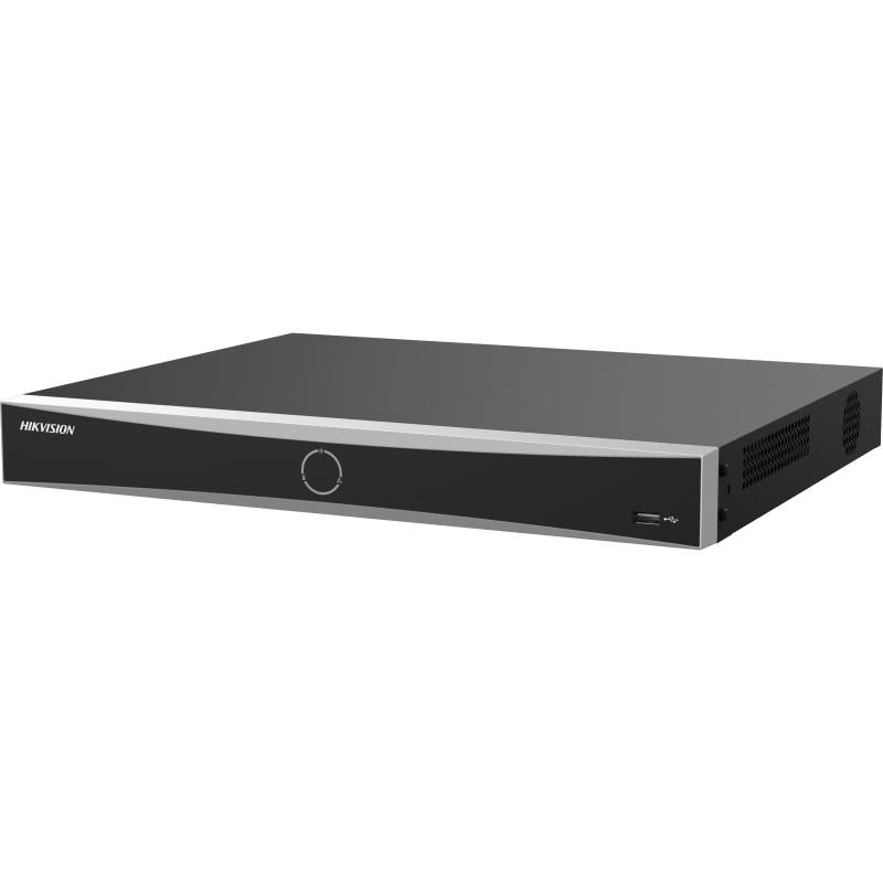 Hikvision DS-7616NXI-K2/16P/V network video recorder with multiple ports and security features, shown with front and rear view.