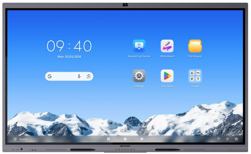 Galaxy Security Hikvision Interactive Flat Panel DS-D5C86RB/B2L with large touchscreen and sleek black frame, shown in a modern conference setting.