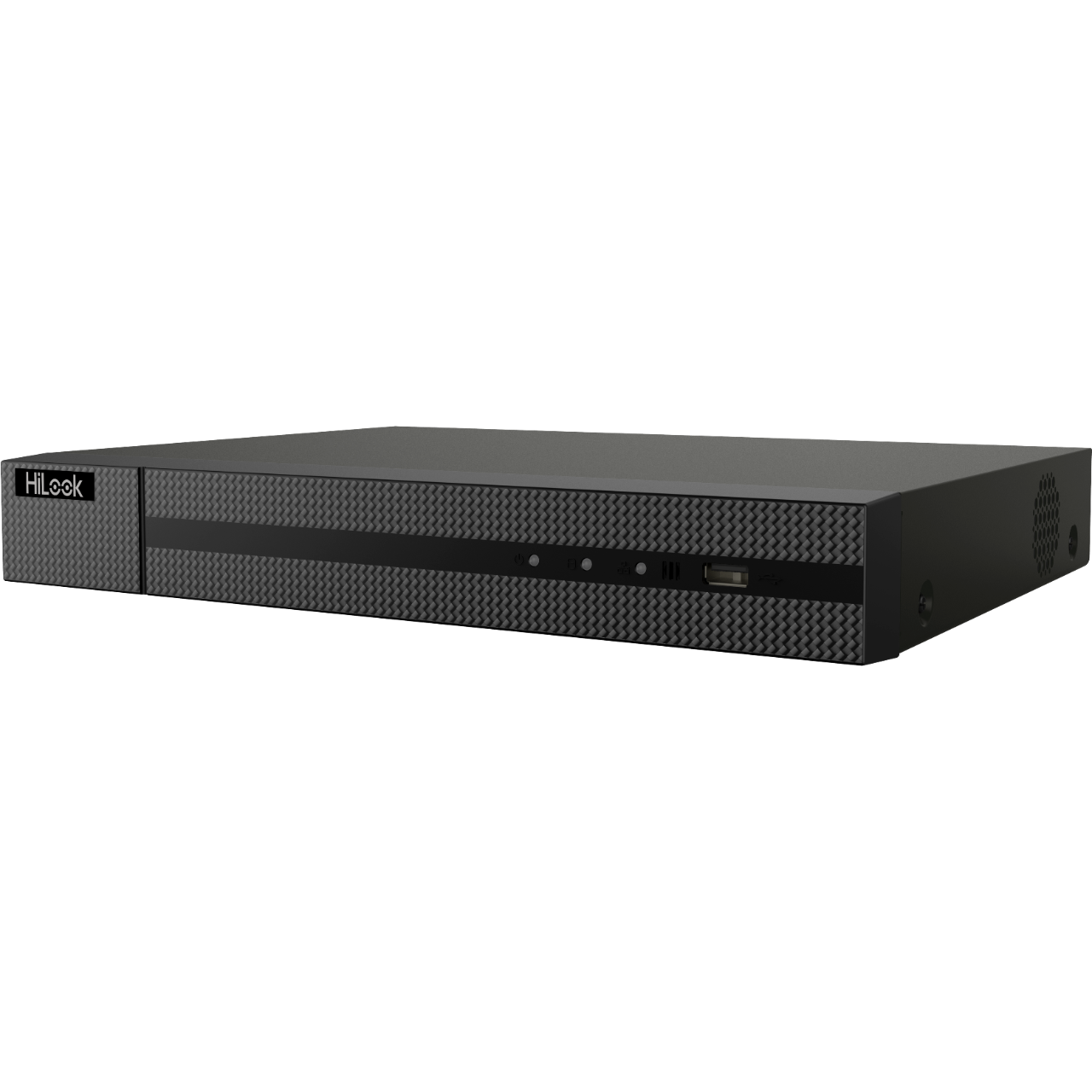 HiLook AI 4-channel 4K/8MP NVR with 1 SATA port and 4 PoE ports, compact 1U mini design for surveillance recording.