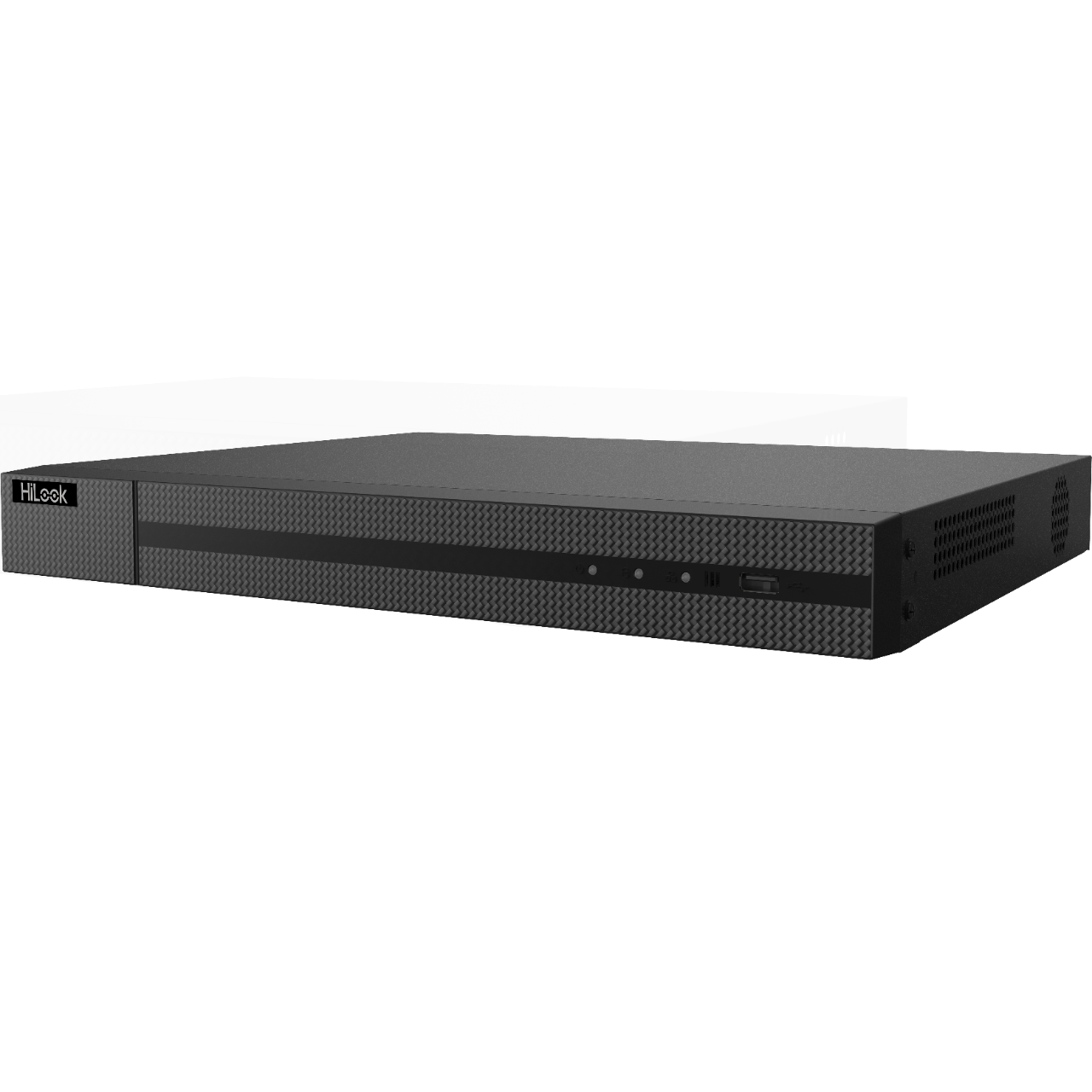 HiLook AI 8-channel 4K/8MP NVR with 2x SATA ports and PoE, mounted in a 1.5U rack enclosure with multiple ports visible