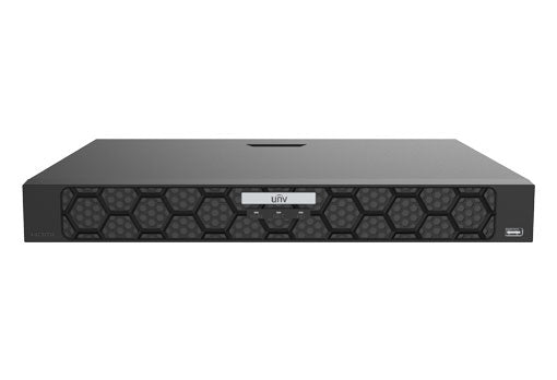 Uniview NVR502-16B-P16-IQ 16-channel 16MP network video recorder with dual SATA ports, black device with indicator lights