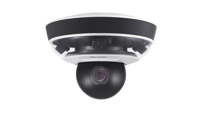 Hikvision 8MP panoramic dome IP camera with 5-50mm zoom lens and 4mm fixed lens, designed for wide security coverage.