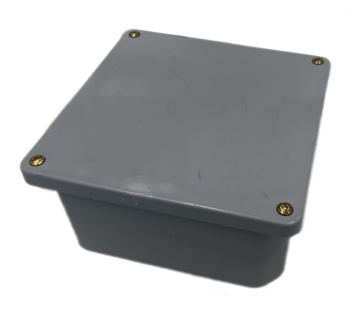 PVC box with cover, 8x8x4 inch size, JB884 model, sturdy plastic enclosure for electrical or storage use.