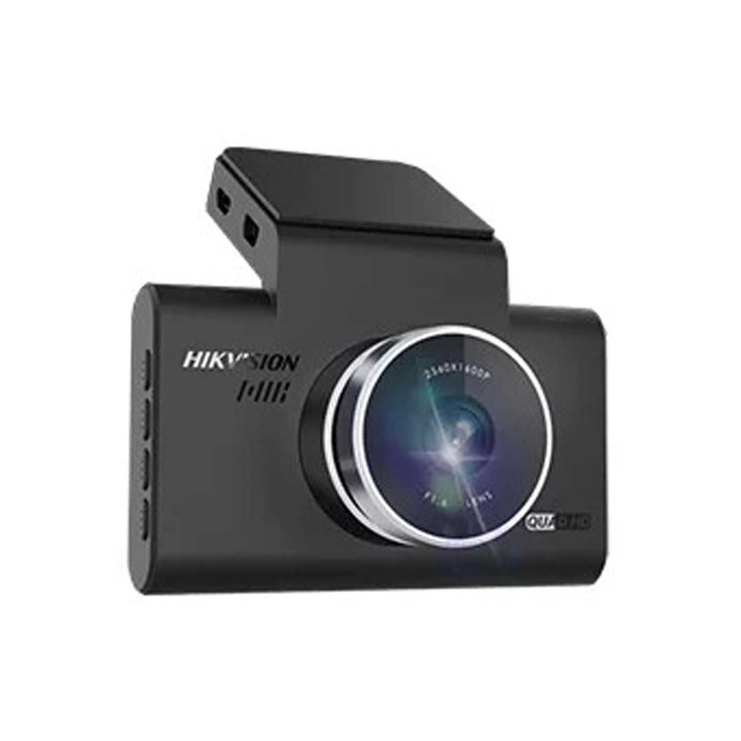 Hikvision Dash Camera AE-DC5313-C6PRO mounted inside a vehicle, showing front view with lens and dashboard display.