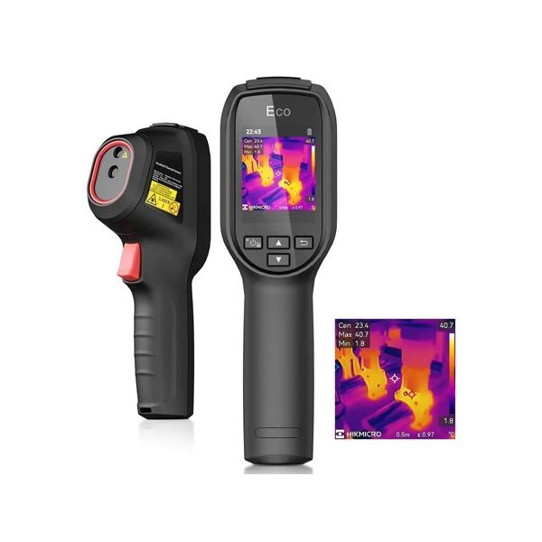 Hikvision Thermal Camera Eco by Galaxy Security, showing the compact black thermal imaging device with lens and control panel.