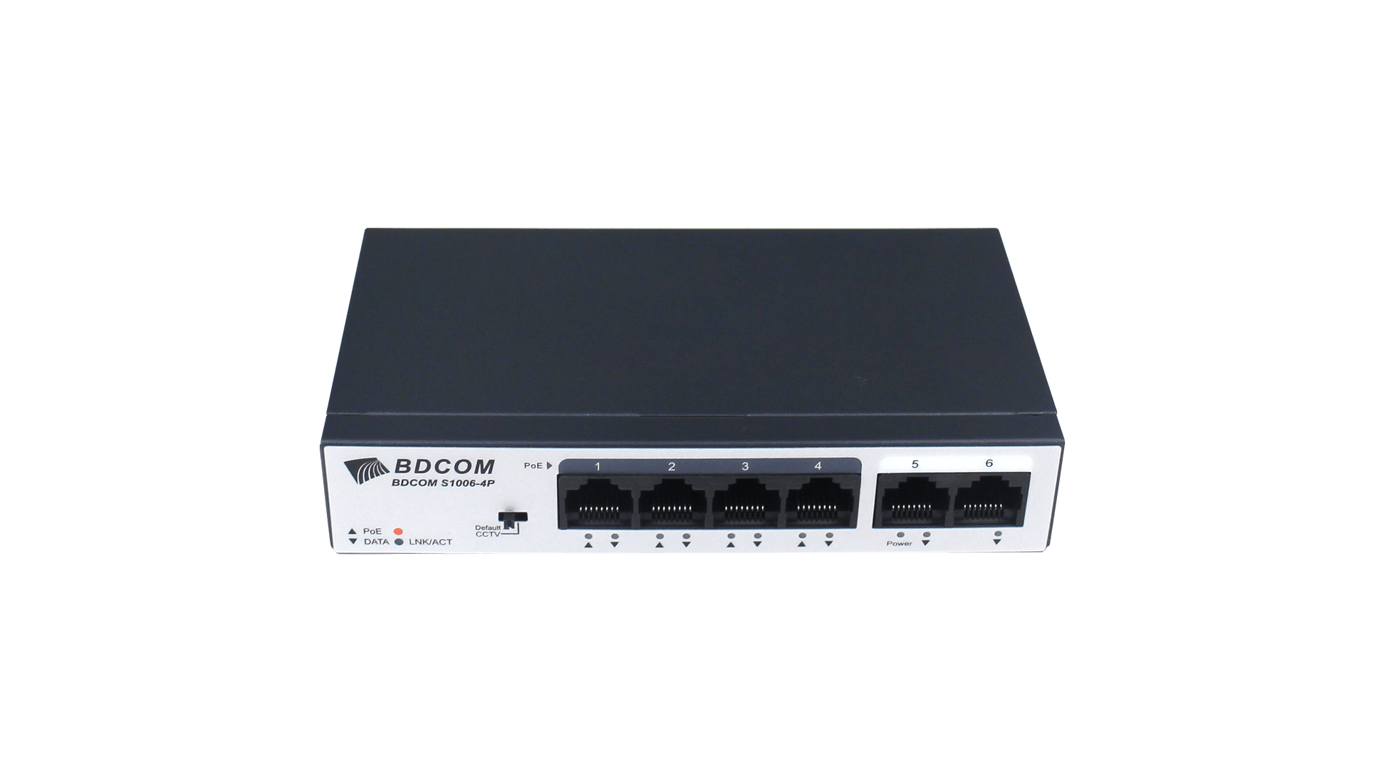 My Store BDCOM 4-Port 10/100M PoE+ unmanaged switch with two additional 10/100M RJ45 ports, shown with connected Ethernet cables.