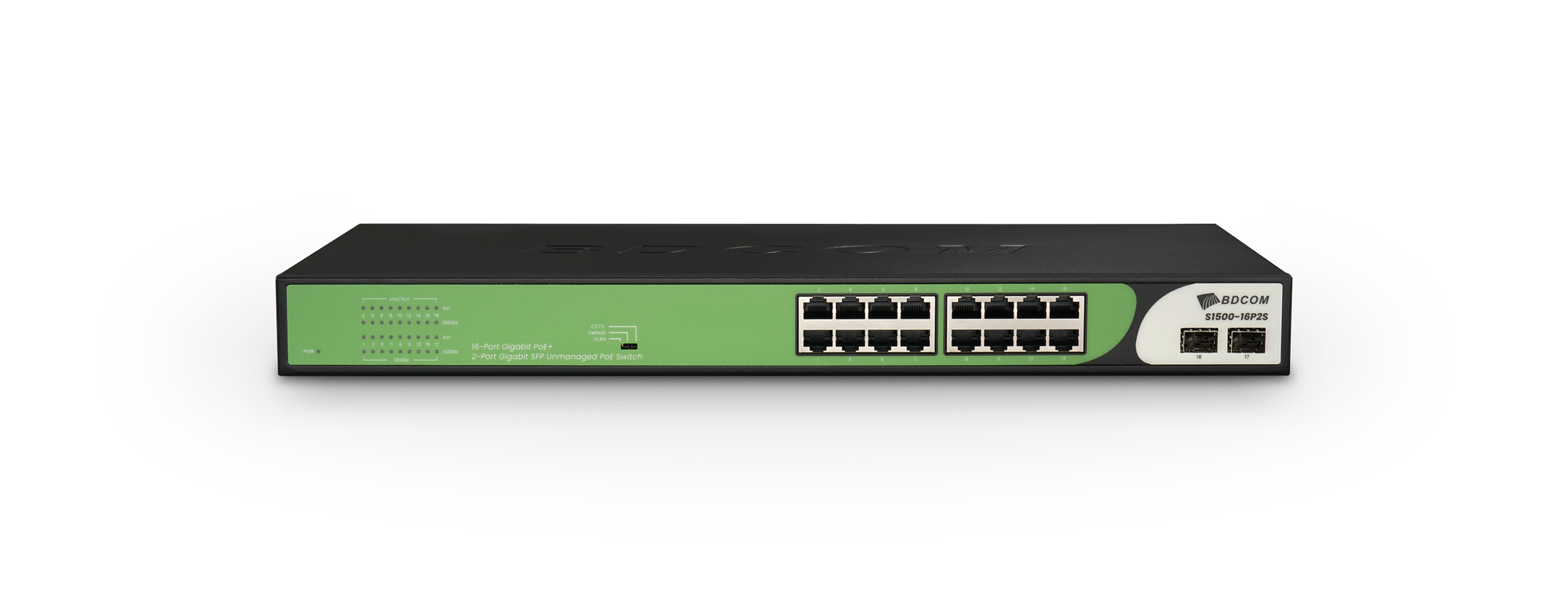 16-port GE PoE unmanaged switch with 2 SFP uplink ports and 180W power budget, ideal for network installation