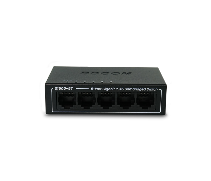 My Store BDCOM GX-S1500-5T network switch with five Ethernet ports and power indicator lights.