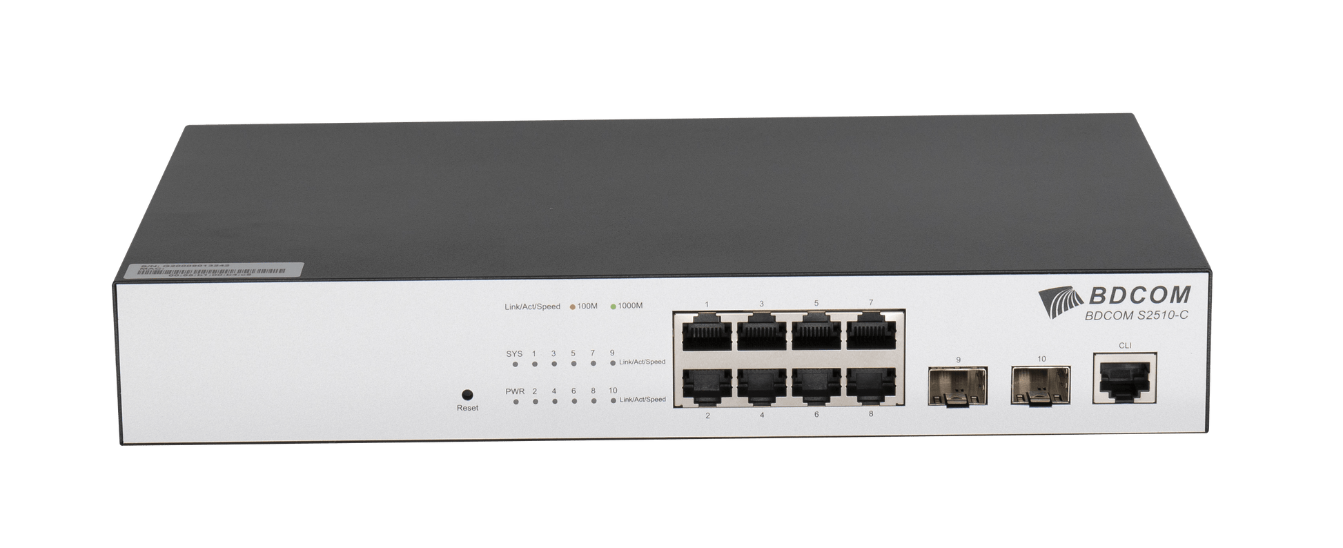 My Store BDCOM 8-Port Gigabit RJ45 and 2-Port SFP L3-lite managed switch with fanless design and 1U rack-mountable front view