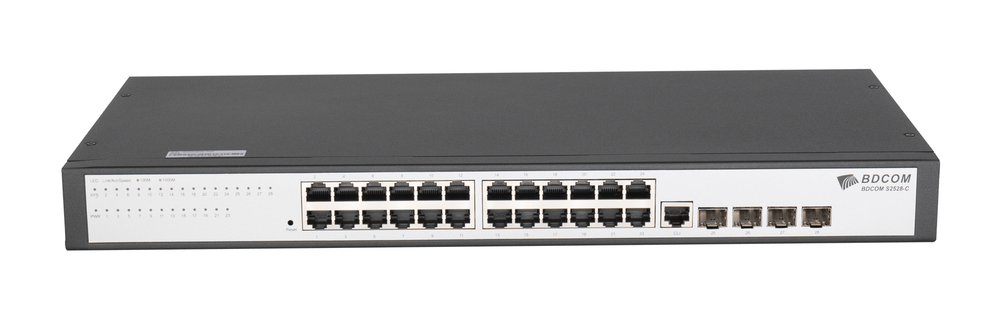 My Store BDCOM 24-Port Gigabit Ethernet switch with 4 SFP ports, fanless 1U rack-mount, front view, single AC power supply