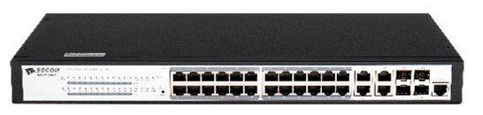 My Store BDCOM 24-Port Gigabit PoE+ managed switch with 4 SFP ports, cooling fan, 1U rack-mount, 370W PoE power.