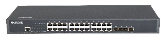 My Store BDCOM 4-Port Gigabit RJ45 and 4-Port 10G SFP+ L3-lite managed switch, rack-mounted, fanless, dual AC power supply.