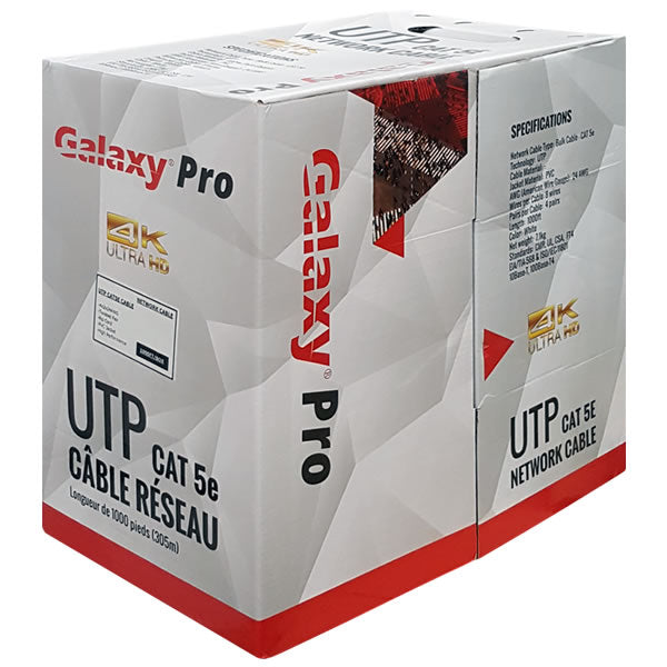 My Store UTB CAT5E Cable CCA 1000FT spool showing black twisted pair Ethernet cable for networking and data transfer.