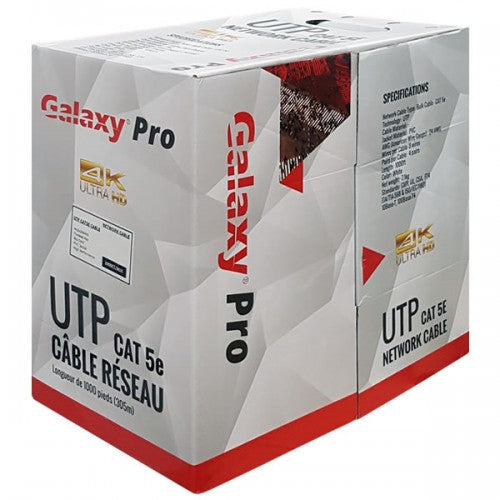 Black Galaxy Premium Quality CAT5E 1000ft FT4 bare copper cable pull box with cable and connectors, ideal for networking installations.