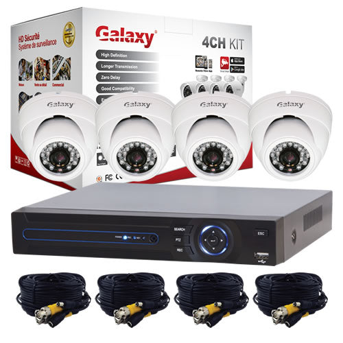 4-camera 2MP dome security camera kit with DVR from Galaxy, featuring sleek dome design and professional surveillance setup.