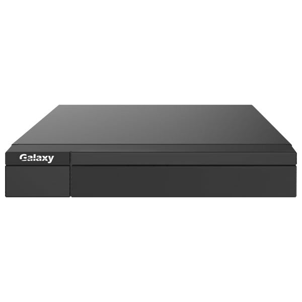 White Galaxy Pro 8-channel 4K NVR with 8 PoE ports and 2 SATA drives for secure video recording.
