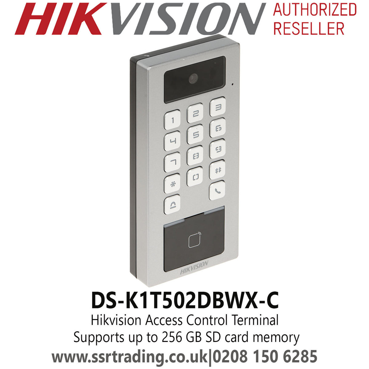 Hikvision DS-K1T502DBWX-CQR access control device with keypad and fingerprint scanner, mounted on wall.