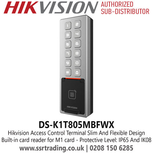 Hikvision DS-K1T805MBFWX access control device with keypad and fingerprint scanner from Galaxy Security.