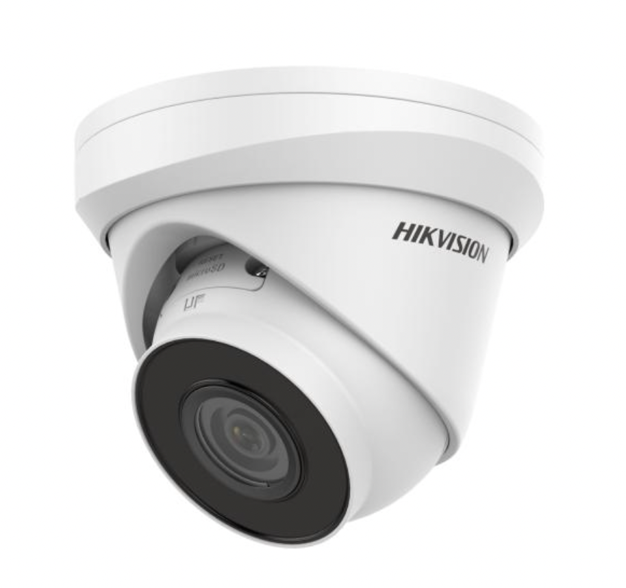 Hikvision 4MP turret IP camera ECI-T24F4 with 4mm lens, mounted on a wall for security surveillance.