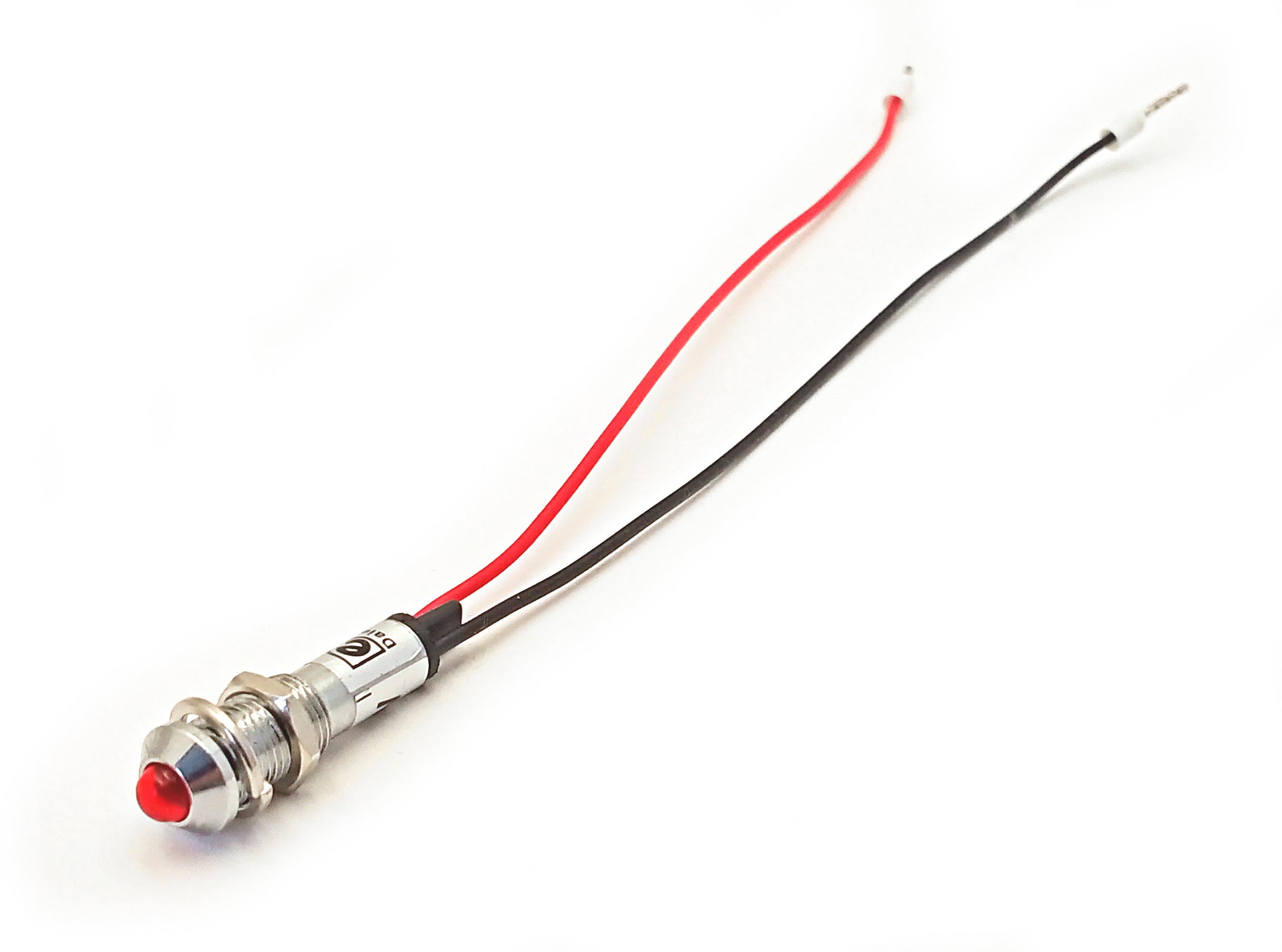 Red LED testing light from My Store showing a bright red illuminated LED on a black testing device.