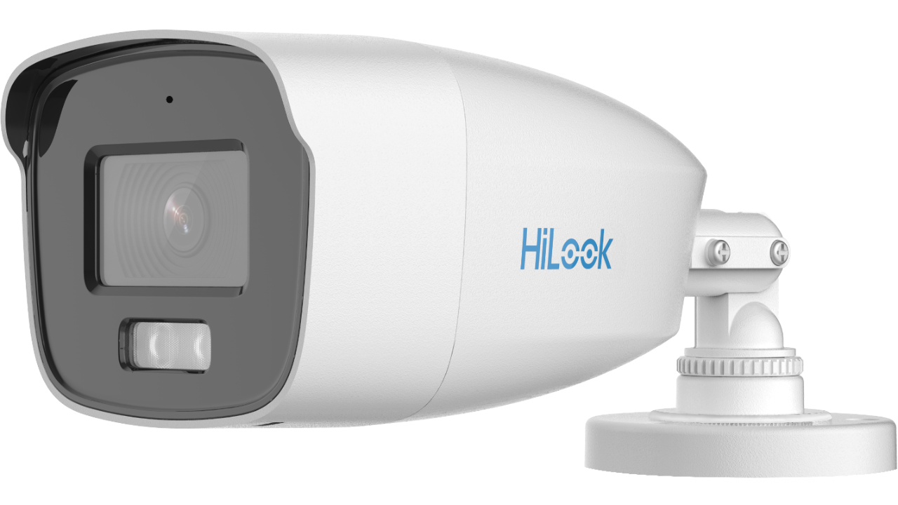 HiLook 3K ColorVu audio fixed bullet camera with 2.8mm lens, showcasing its sleek design and lens details.