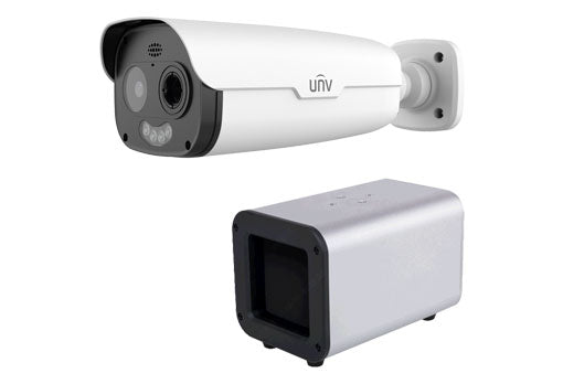 My Store UNV 4MP dual-spectrum thermal bullet network camera with lens and mounting bracket, outdoor security surveillance device