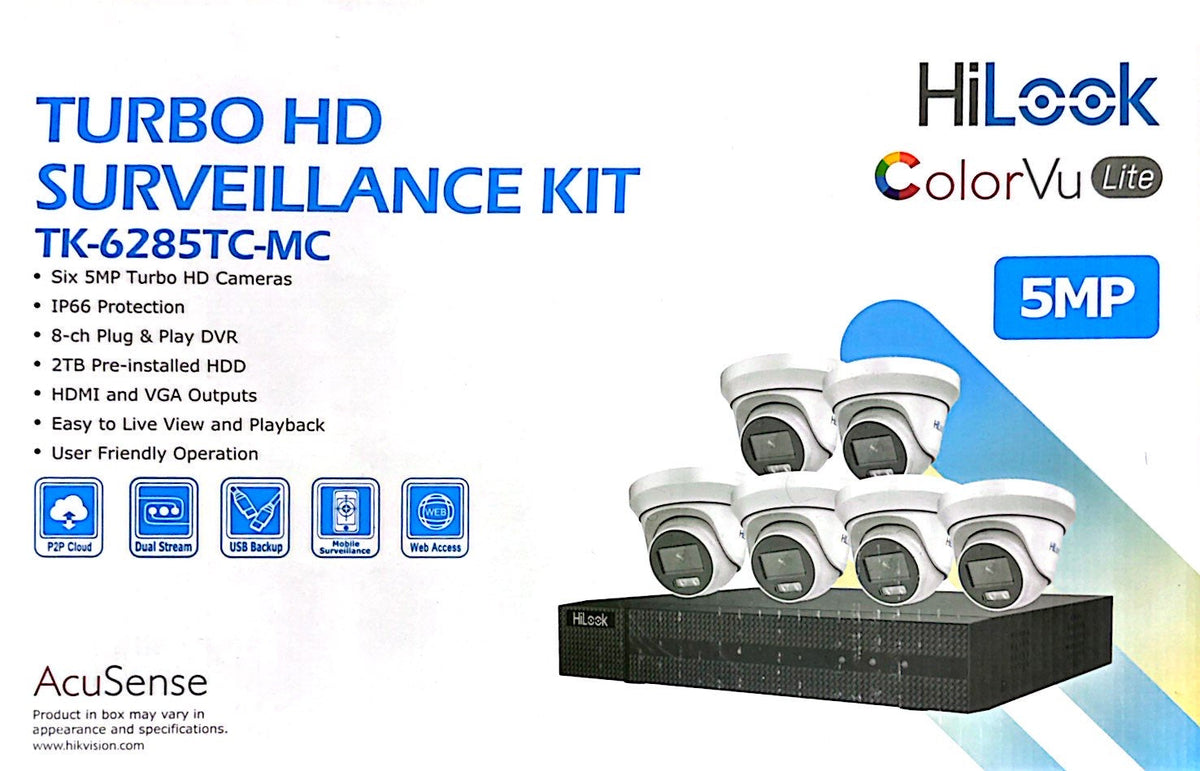 Galaxy Security Hikvision 5MP security camera kit TK-6285TC-MC with multiple cameras and mounting hardware for surveillance.