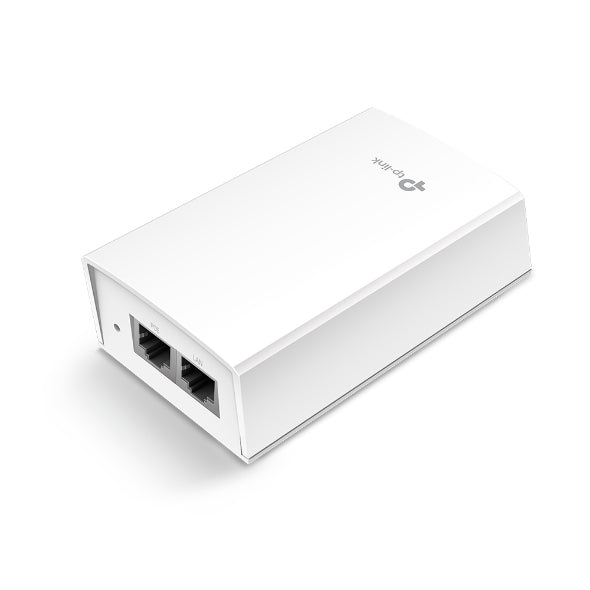Gigabit 48V DC passive PoE adapter for network devices, black rectangular device with ports for power and Ethernet connections.