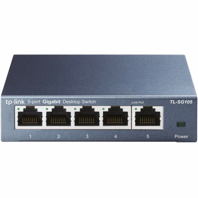 Ethernet desktop switch with five ports from TP-LINK TL-SG105, compact design, and LED indicator lights for network connectivity.