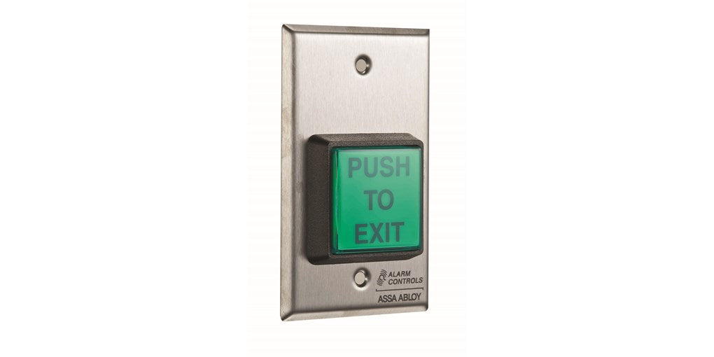 My Store Exit Button TS2 mounted on wall, showing right-side view with label and wiring connection for emergency exit access