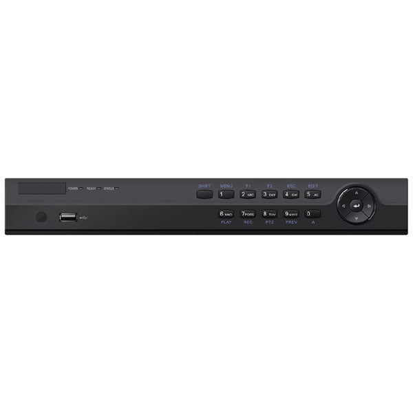 5MP DVR from TVI-P with 16-channel recording, 2 IP inputs, HDMI, VGA, alarm, audio, and dual HDD slots in a compact design