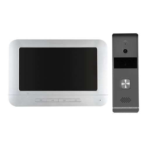 7-inch 4-wire analog video intercom system with monitor and control buttons, black casing, and wiring components.