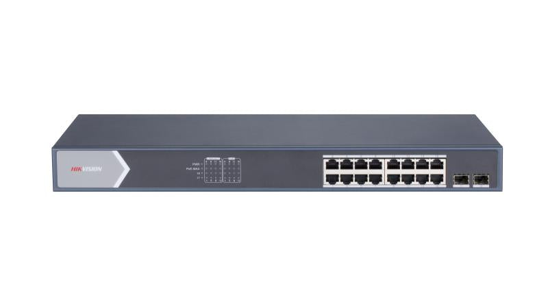 Hikvision Network Switch DS-3E1518P-SI with multiple Ethernet ports, mounted on a network rack for security system connectivity