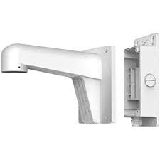 Hikvision WML wall mount bracket for security cameras, installed on a wall with visible mounting hardware and cable connections.
