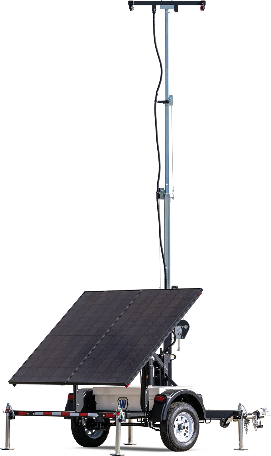 Small solar trailer with 20 ft vertical tower, Galaxy Security WCTS-SM3L-800, mounted on a compact trailer for security or surveillance use.