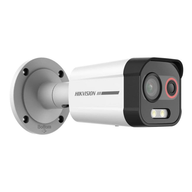 Hikvision Thermal IP Camera DS-2TD2608-1/QA mounted on wall, featuring thermal imaging and security camera lens for surveillance.