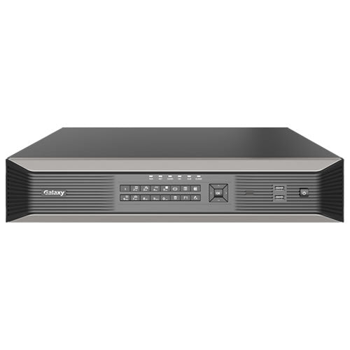 Galaxy Pro 32-channel AI NVR with 16 PoE ports, black device for security camera recording and network video recording.