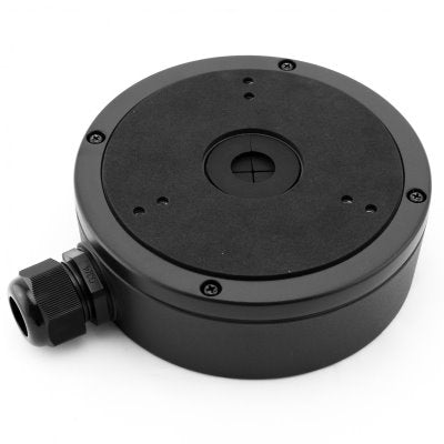 Black Hikvision DS-1280ZJ-M mounting bracket for IP cameras, compatible with Galaxy Security junction box, shown installed on a camera.