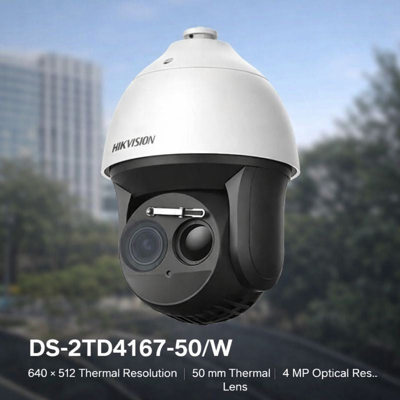 Hikvision 4MP thermal IP camera DS-2TD4167-50/WY B with black housing and thermal imaging lens for security surveillance.