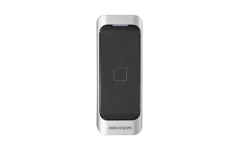 Hikvision DS-K1107AM card reader mounted on wall, showing access control device with card scanning interface.