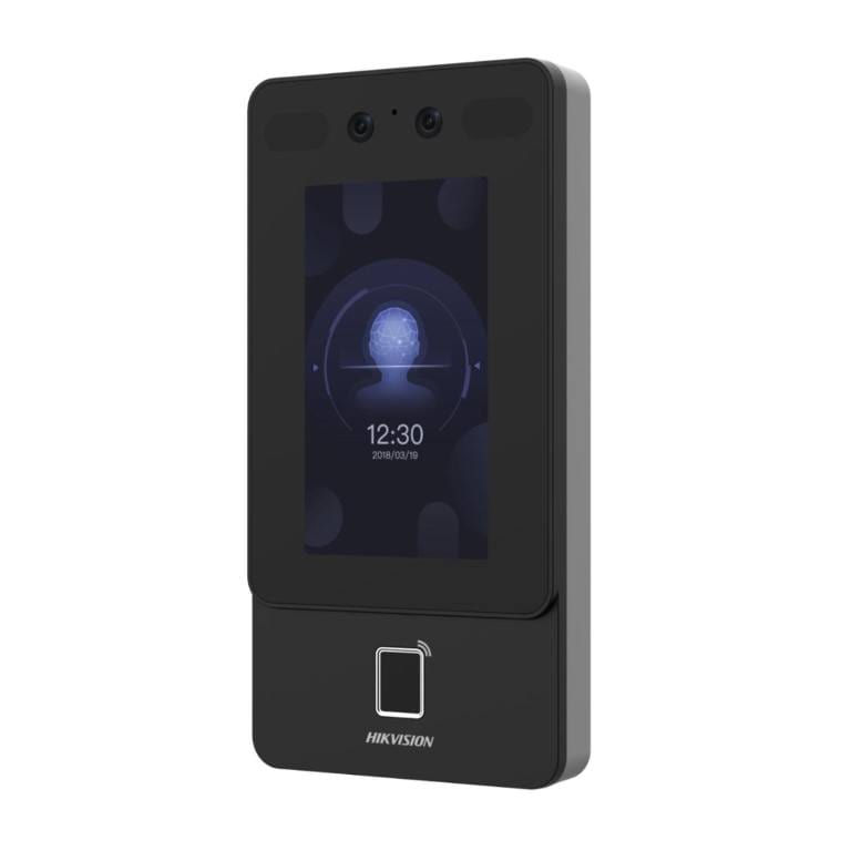 Hikvision DS-K1T342MFWX-E1 access control device with key card reader and accessories for secure building access.