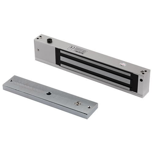 Magnetic lock for access control, DC12V 600lb holding force, installed on door frame with control wiring visible.