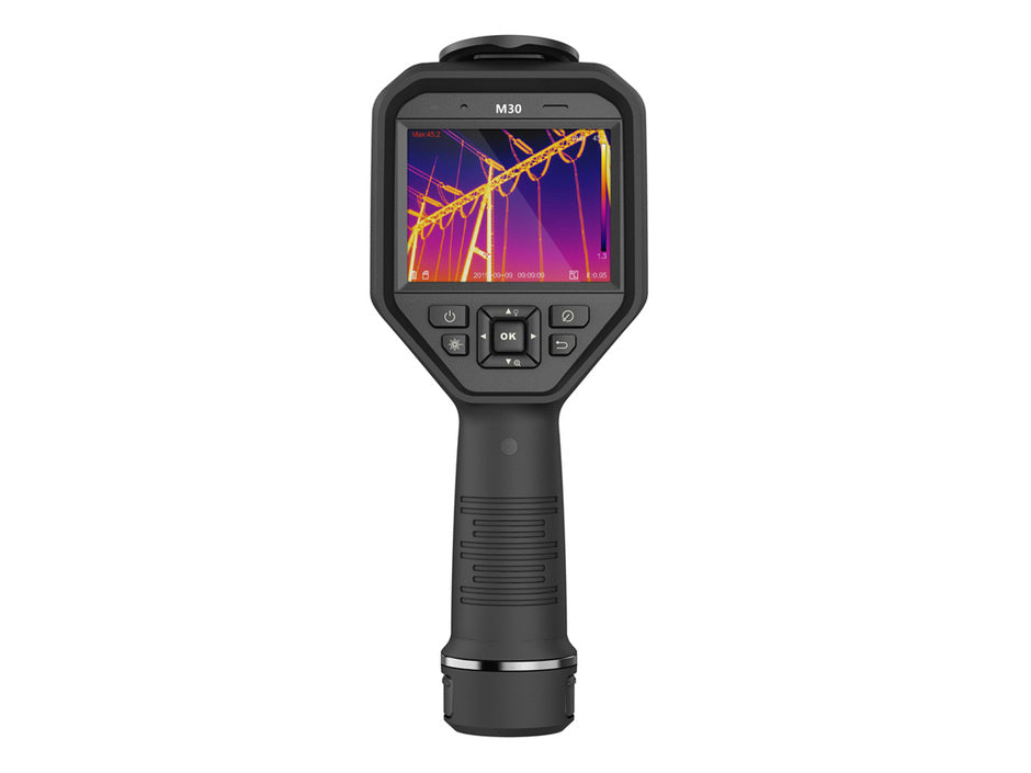 Hikvision 8MP thermal camera HM-TP23-10VF/W-M30 by Galaxy Security, showing thermal imaging device with lens and sensor details.