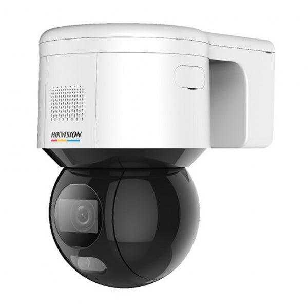 Hikvision 4MP PTZ IP camera with pan-tilt-zoom functionality, black weatherproof housing, and security lens for surveillance.