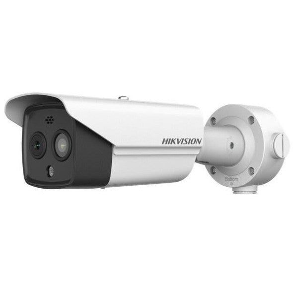 Hikvision DS-2TD2628-7/QA thermal IP camera with heat detection and infrared capabilities, mounted for security surveillance.