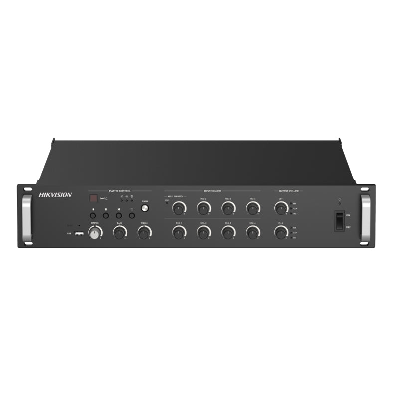Hikvision DS-QAZ1A500G1-VB2 audio device by Galaxy Security, showing the compact network amplifier with connection ports.