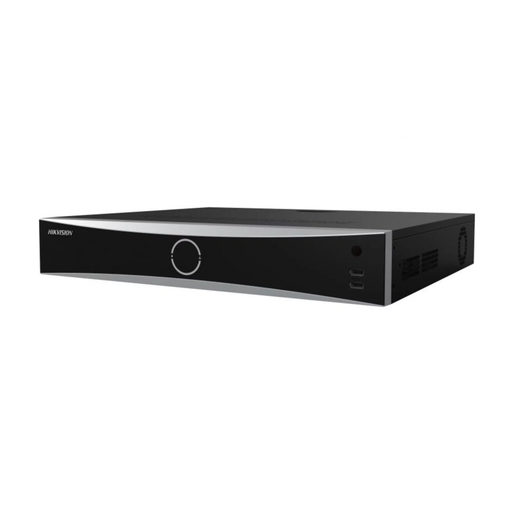 Hikvision DeepinMind iDS-7716NXI-M4/16P/X NVR with 16 PoE ports and advanced security features, viewed from front angle.