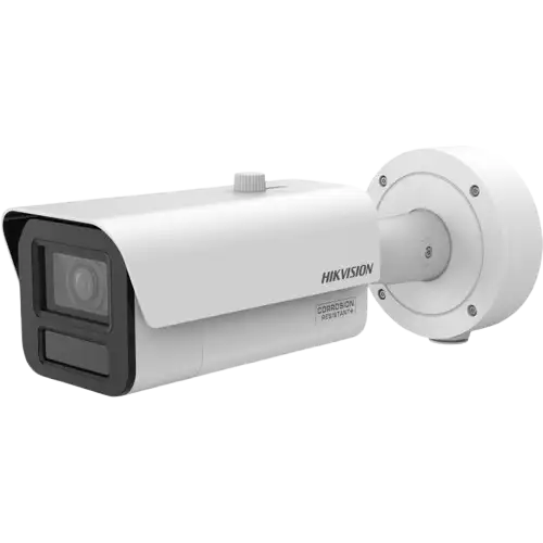 Hikvision 4MP Bullet IP Camera by Galaxy Security with 2.8-12mm zoom lens, mounted outdoors with clear view of lens and housing