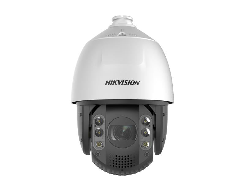 Hikvision 8MP Dome IP Camera DS-2DE7A825IW-AEB showing the camera lens and dome housing with infrared sensors for surveillance.
